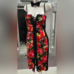 90s Tadashi Shoji Pinup Black Floral Lace-Up Corset Dress